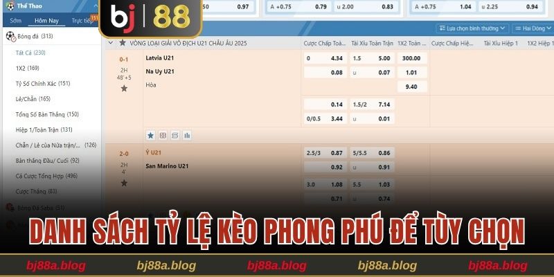 Danh sách tỷ lệ kèo phong phú để tùy chọn