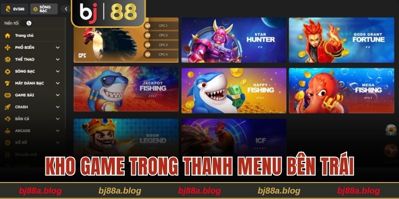 Kho game trong thanh menu bên trái